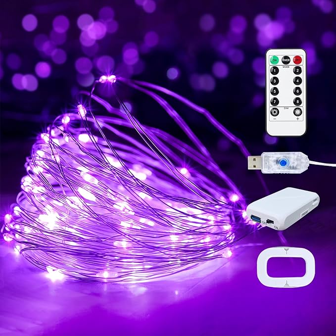2Pack USB Plug in Fairy String Lights,16ft 50 LED Copper with Remote and Timer, 8 Modes Waterproof Twinkle String Lights Battery Powered for Bedroom Indoor Party Wedding Christmas Decoration (Purple)