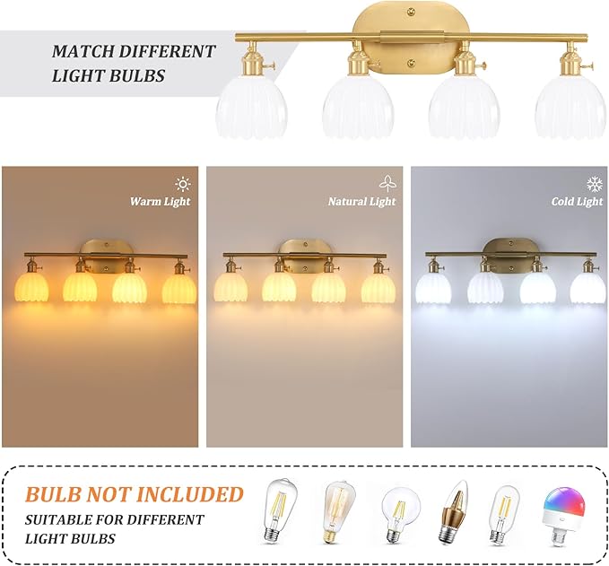 Bathroom Light Fixtures, 4-Light Brass Vanity wall Light Over Mirror with White Tulip Glass Shade for Bedroom Living Room (Bulb Not Included)