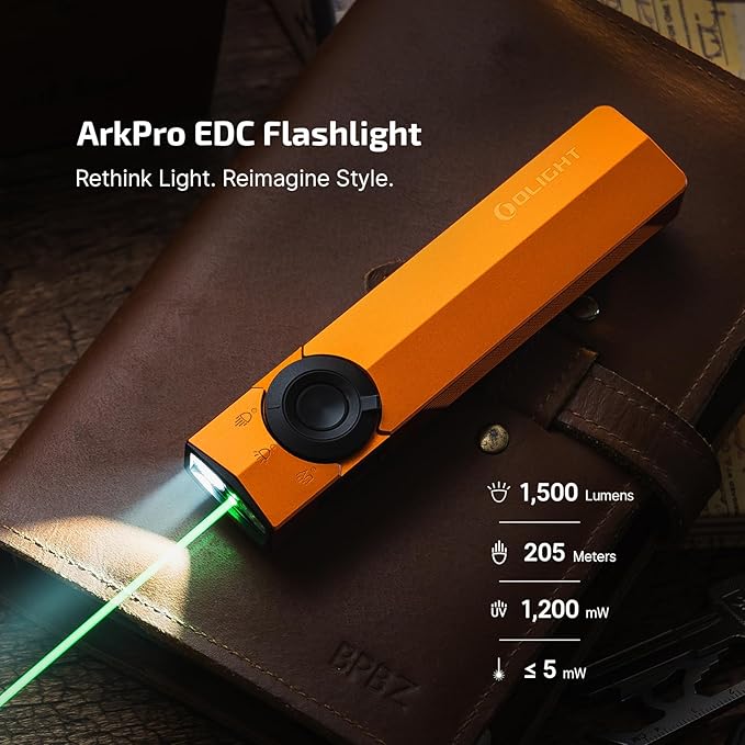 OLIGHT ArkPro EDC Flat Flashlight Rechargeable, Pocket Light, Orange CW | Green Beam, White LED, UV Flashlight, 1500 Lumens Flash Light, USB-C Magnetic, Camping Lights for Emergency Work Outdoor Home