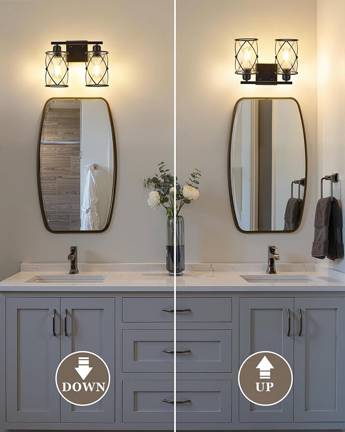 2-Light Black Bathroom Light Fixtures, 13.8 Inch Modern Bathroom Vanity Lighting Fixtures Over Mirror with Clear Glass and Metal Cage Wall Sconce Lights for Bath, E26, CH9176BK-2W