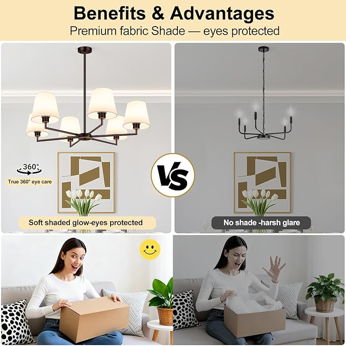 36" Oil-Rubbed Dining Room Light Fixture, No Assembly Required 6-Lights Kitchen Chandelier for Dining Room with White Fabric Shade, Chandelier Ceiling Light Fixture for Kitchen Bulb Not Included