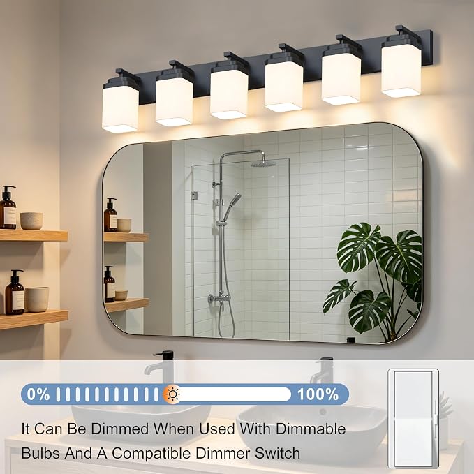 Matte Black Bathroom Light Fixtures, 6 Lights Bathroom Lighting Fixtures Over Mirror, Square Design & Rectangle Large Backplate, Modern Vanity Lighting Fixtures, for Living Room/Bedroom