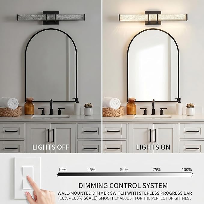 URSOLA 24" Modern LED Bathroom Light Fixtures, Matte Black 3CCT Dimmable Bathroom Vanity Light Over Mirror, Bathroom Vanity Bath Bar Lights with Crystal Acrylic Shade