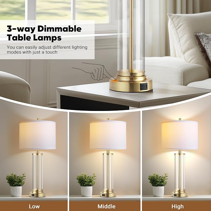 QiMH Lamps for Bedrooms Set of 2, Touch Control Table Lamps with USB A+C Ports, 3-Way Dimmable Bedside Lamp with Fabric Lampshade, Modern Nightstand Lamp for Living Room Bedroom (LED Bulbs Included) | 2 Dimmable LED Bulbs, USB A+C Charging Ports, Moder...