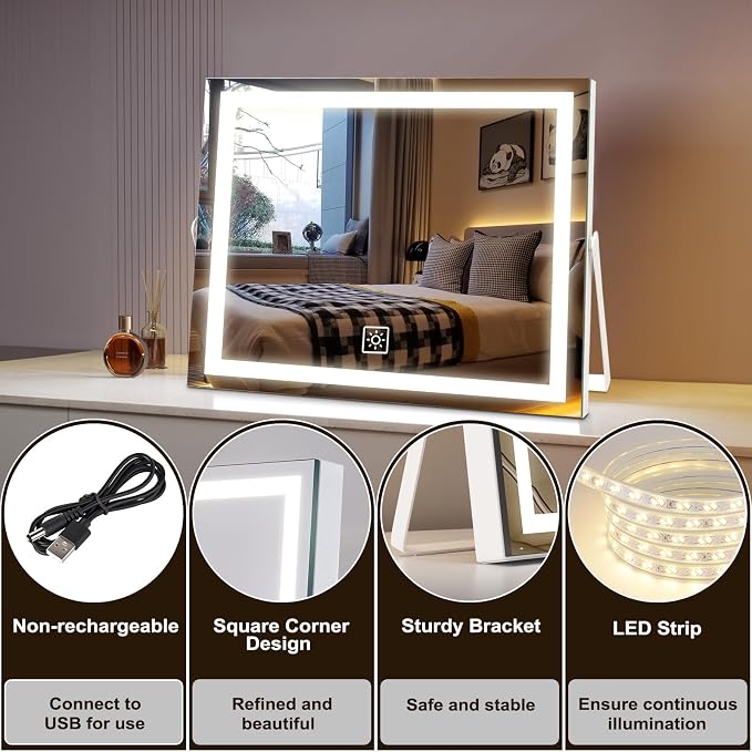 14 Inch LED Vanity Makeup Mirror with Lights, Large Metal Frame Lighted Tabletop Mirror with 3 Color Dimmable Touch Control, 360° Rotation for Bathroom Bedroom