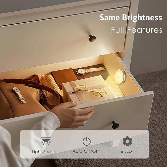 AMIR 3.15” Motion Sensor Light, 6 Pack Cordless Battery-Powered LED Night Light, Stick-Anywhere Closet Lights Stair Lights, Safe Lights for Hallway, Bathroom, Bedroom, Kitchen (Golden - Warm White)
