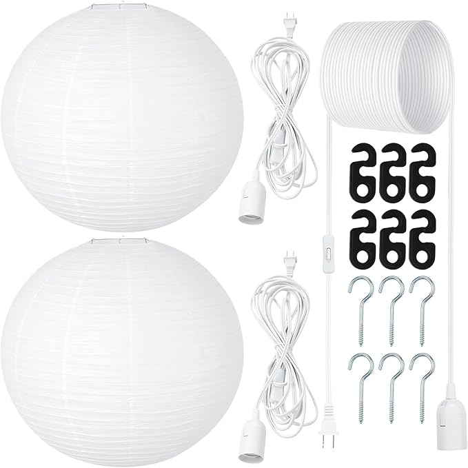 2 Sets Jumbo Round Paper Lanterns with Lamp Cord Cable White Hanging Paper Lanterns Chinese Japanese Pendant Hanging Lamp for Birthday Wedding Bridal Anniversary Party Decoration(30 Inch)