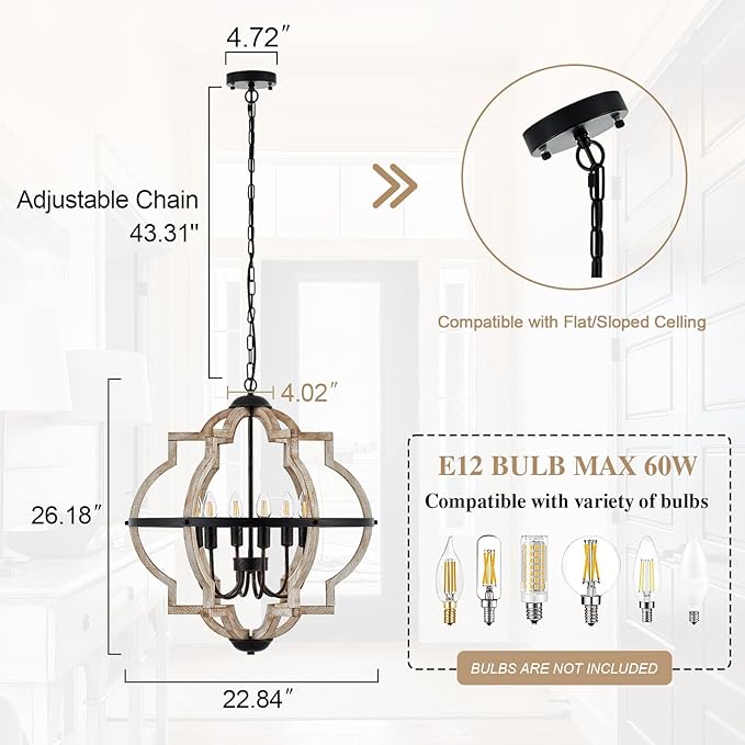Farmhouse Chandelier for Dining Room Vintage Rustic Oak Distressed White 23'' 6-Light Wood Pendant Lighting Globe Hanging Ceiling Light Fixtures for Entryway Foyer Kitchen Living Room