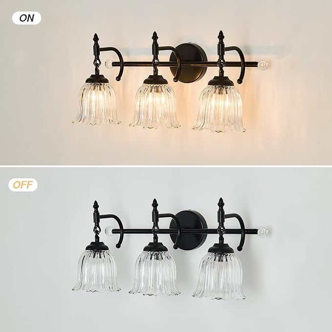 CVKASH 3-Light Bathroom Vanity Light Fixtures Over Mirror,Black Modern Vanity Light with Glass Shade Vintage Wall Sconce for Bedroom Dressing Room Living Room Hallway Cabinet
