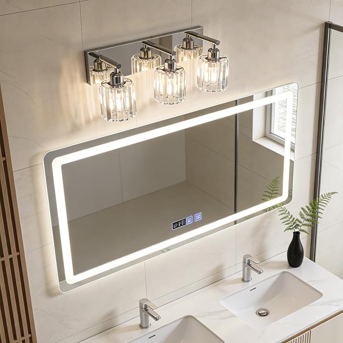 Brushed Chrome Crystal Bathroom Vanity Light, 3-Light Modern Bathroom Lighting Fixtures Over Mirror,Chrome Wall Sconce Light Fixtures with Round Shade