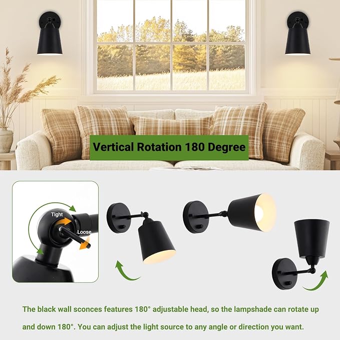 Dimmable Wall Sconces Set of Two, Bedside Wall Mount Lamp with Rotary Switch, Black Bathroom Vanity Lights with Metal Shade, Hardwired Swing Arm Wall Lights for Bedroom Living Room Hallway