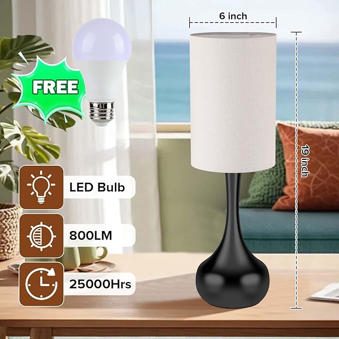 Mid Century Modern Droplet Table Lamp with Cyliner Shade,Touch Control & 3-Way Dimmable, No Assembly Required, Black Vintage Farmhouse Bedside Lamp for Bedroom,Nightstand,Living Room,Office
