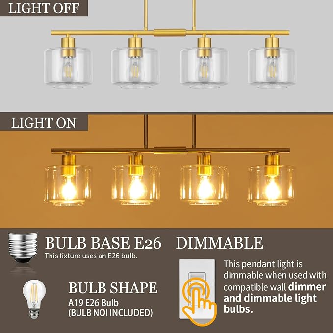 4-Light Brushed Gold Kitchen Island Lighting, Modern Linear Dining Room Chandelier Light Fixtures with Clear Glass and Chain, Mid Century Hanging Lights for Kitchen Island, OS-YQ8153-4ISBGC