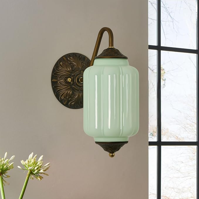 Vintage Milk Glass Wall Sconce - Antique Green Dimmable Sconce Bulb×1 | Mid Century Brass Gold,Up or Down Install,Art Deco Retro Vanity Light Fixture for Hallway Bathroom Bedroom Bedside Door Sides