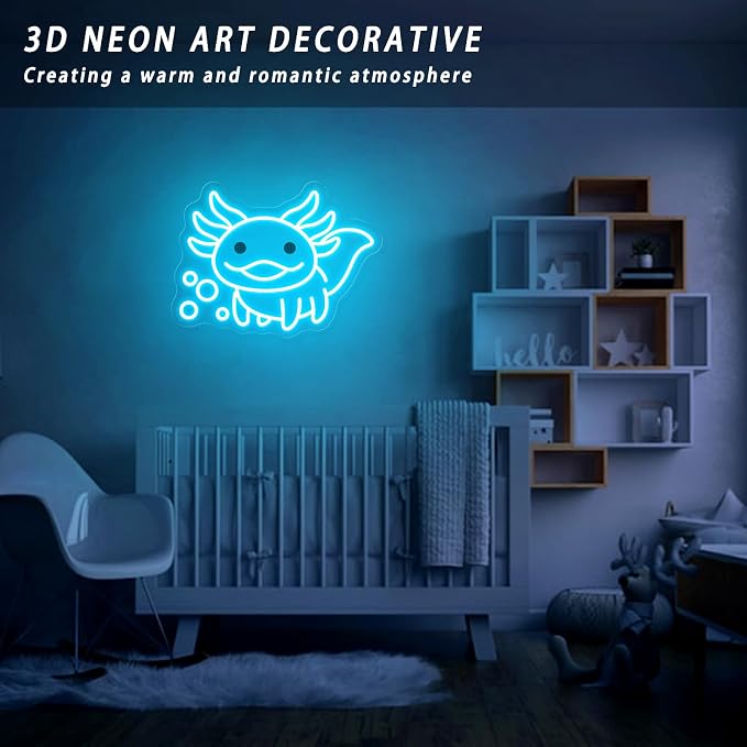 Axolotl Neon Sign for Bedroom Decor, Cute Axolotl LED Night Light | Kawaii Room Decor, Gamer Setup, Kids Bedroom, Game Room, Birthday Party, Cozy Ambience, USB Powered, Premium Finish, Ice Blue