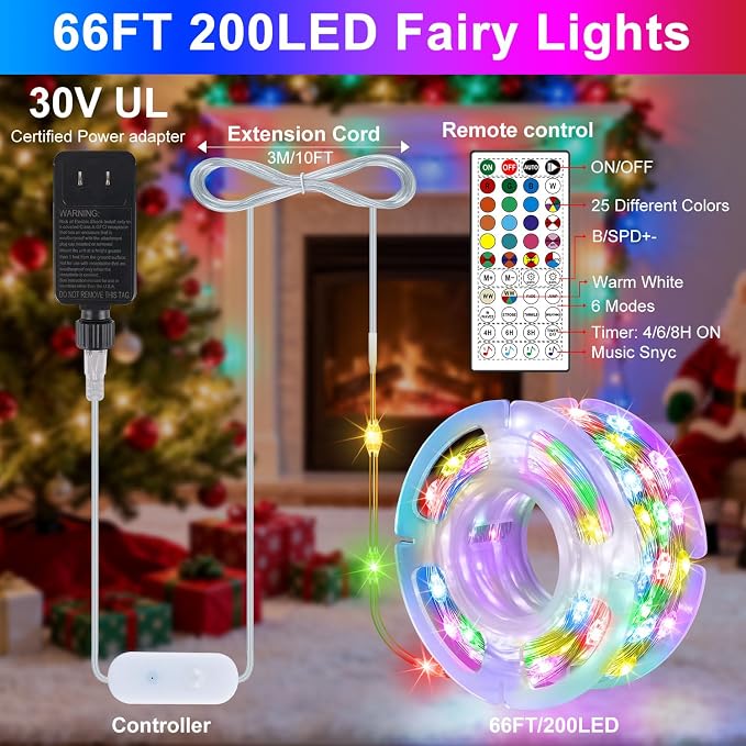 66FT 200 LED Smart String Lights, Plug in Fairy Lights with APP & Remote Control, Music Sync, RGB Warm White, Timer, Twinkle Lights for Bedroom Walls Holiday Party Decorations