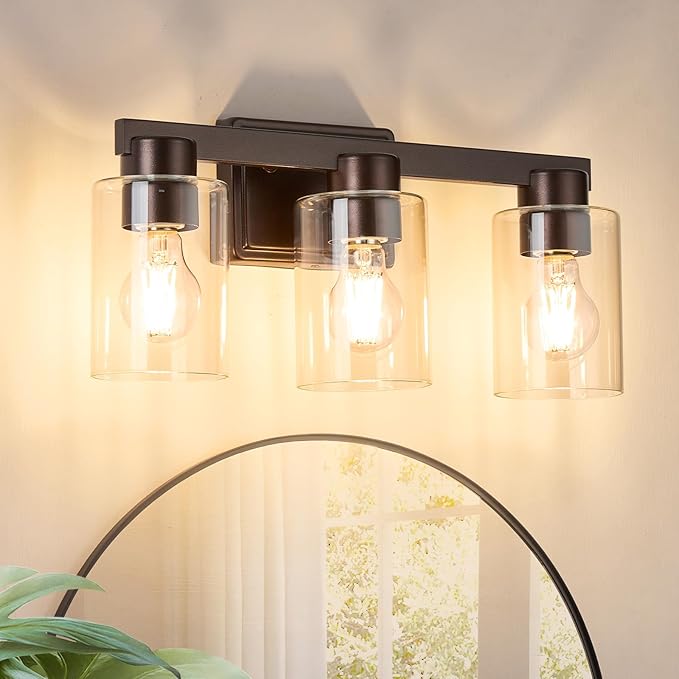 3-Light Bathroom Light Fixtures with Clear Glass, Oil Rubbed Bronze | Vanity Lights, Modern Wall Sconces, Over Mirror for Bathroom, Powder Room, Living Room