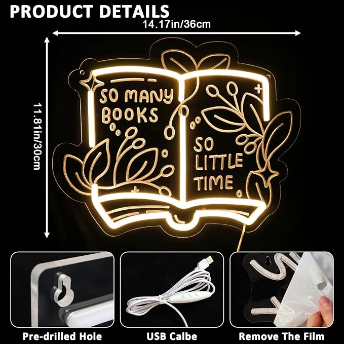 PMCVYH So Many Books So Little Time Neon Sign for Wall Decor, Reading Led Signs for Library, USB Dimmable Neon Lights for Classroom Read Corner Bedroom Study Room Home Book Club Motivational Wall Art