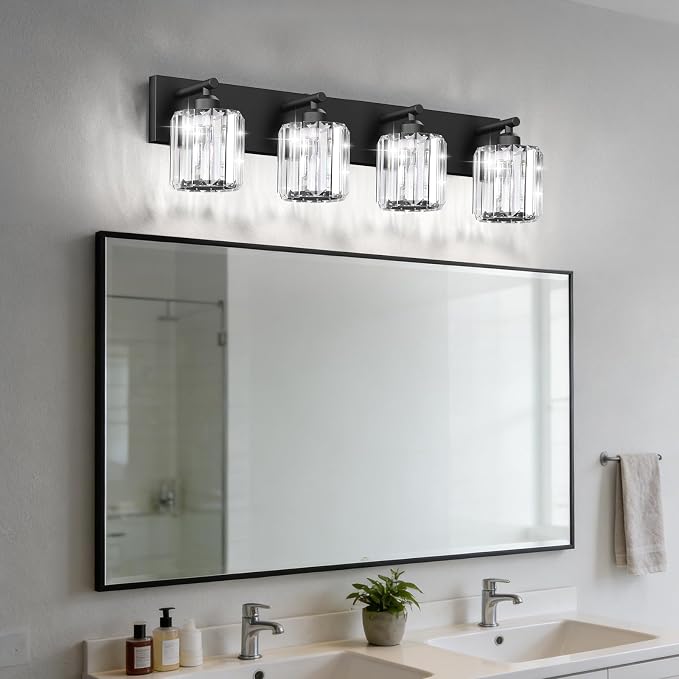 Black Crystal Bathroom Vanity Light, 4-Light Modern Bathroom Lighting Fixtures Over Mirror, Matte Black Wall Sconce Light Fixtures with Round Shade
