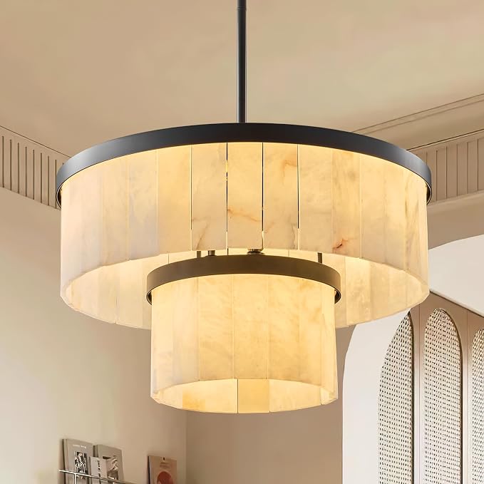 Alabaster Chandelier 2-Tier D24 Round Chandeliers, Modern Dining Room Chandelier Marble Pendant Light Farmhouse for Living Room, Bedroom, Foyer, Kitchen, Entryway Black(Include Bulbs)