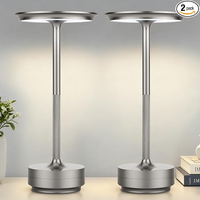 UdoUto 2-Pack Cordless Table Lamps Rechargeable, Silver | 5000mAh Battery Operated, LED Table Light, Touch Stepless Dimming, Portable Metal Outdoor Lamps