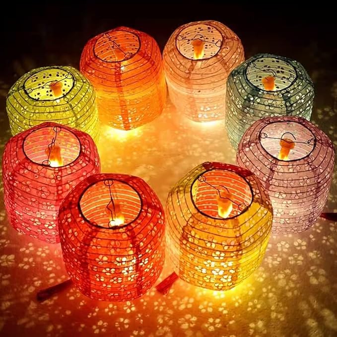 6Pcs Paper Lanterns Chinese Japanese Colorful Hanging Paper Lanterns with LED Lights 8inch Oval Decorative Asian Lanterns Lamps with Tassel Stick for Wedding Birthday Festival Party Decorations
