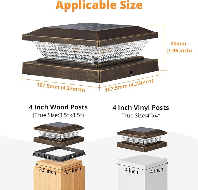 4x4 Solar Post Cap Lights Outdoor 8 Pack, Waterproof Solar Fence Light for Wooden/Vinyl Post, 2 Color Outside Deck Patio Porch Decor, Brown