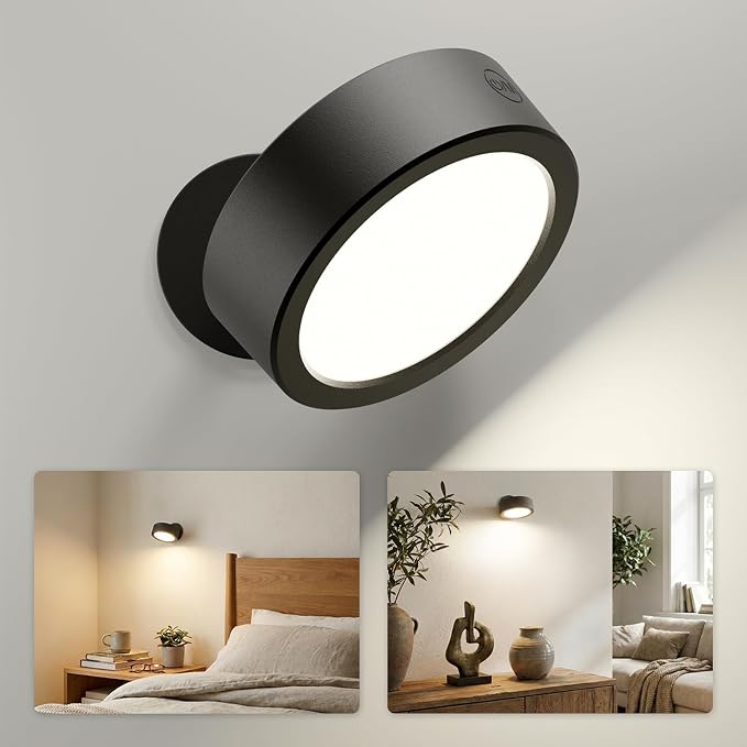EZVALO LED Wall Mounted Lights, 3000mAh Rechargeable Wall Light Wall Sconces Lamp, 3 Color Temps & Remote and Touch Control, 360°Rotation Dimmable Cordless for Bedroom Reading Study Bedside (Black)