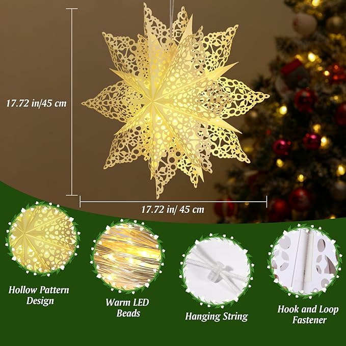 Lewondr Christmas Paper Star Lantern 5 Pack, Unique Flower Shape Lights with Remote Control, LED Paper Lanterns with 6H Timer for Holiday Home Decoration, 17.72 × 17.72 × 1.97 Inch, Warm Light