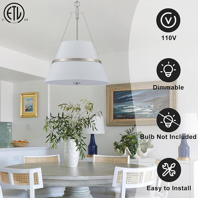 20" Brushed Nickel Drum Chandelier for Dining Room Linen Pendant Light | Modern Transitional, Large Fabric Drum Design, 4-Light, 3 Side Chains, for Kitchen Island,Adjustable Height,19.69"W × 26.38"H