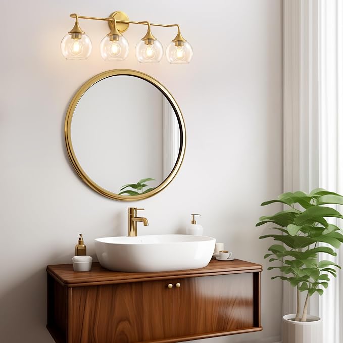 Bathroom Vanity Lights Gold 4 Light Modern Vanity Light 31" | Farmhouse Bathroom Light Fixtures Over Mirror, Thickened Clear Glass Shade, UL E26 Dimmable Vanity Lighting Fixtures