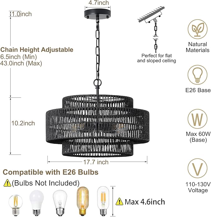 17.7" Black Large Boho Rattan Chandeliers for Dining Room, 4-Light Rattan Hand-Woven Farmhouse Drum Chandelier Pendant Light Fixture for Kitchen Island Bedroom Living Room Entryway Foyer