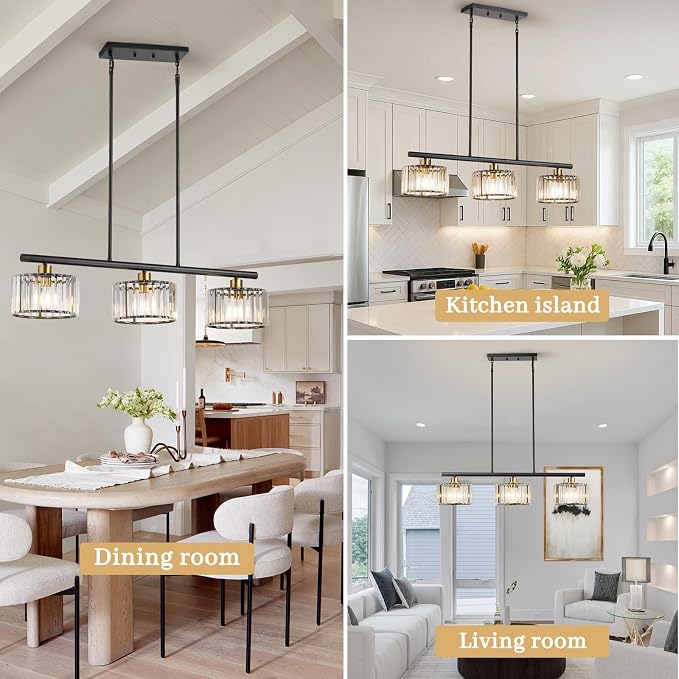TALOYA Pendant Lights Kitchen Island Black and Gold, 3-Light Crystal Pendant Light Modern, Height Adjustable Chandelier Hanging Island Light Fixtures for Kitchen Dinning Room(Bulb Not Included)