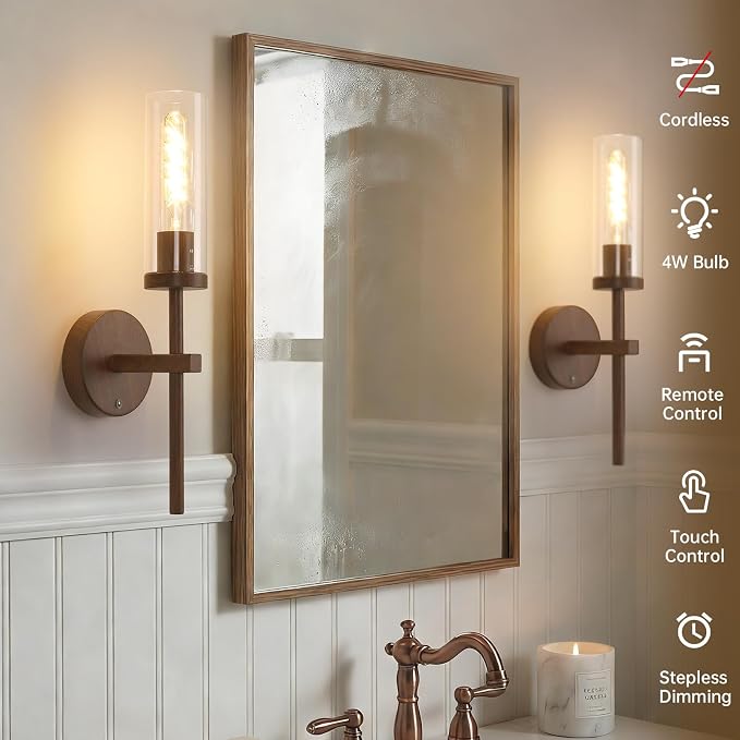 Shenmoyl Battery Operated Wall Sconces Set of 2, Walnut Color Rechargeable Wall Lighting Fixtures, Dimmable Wall Lights with Remote & Clear Glass Shade for Living Room, Bathroom,Bedroom