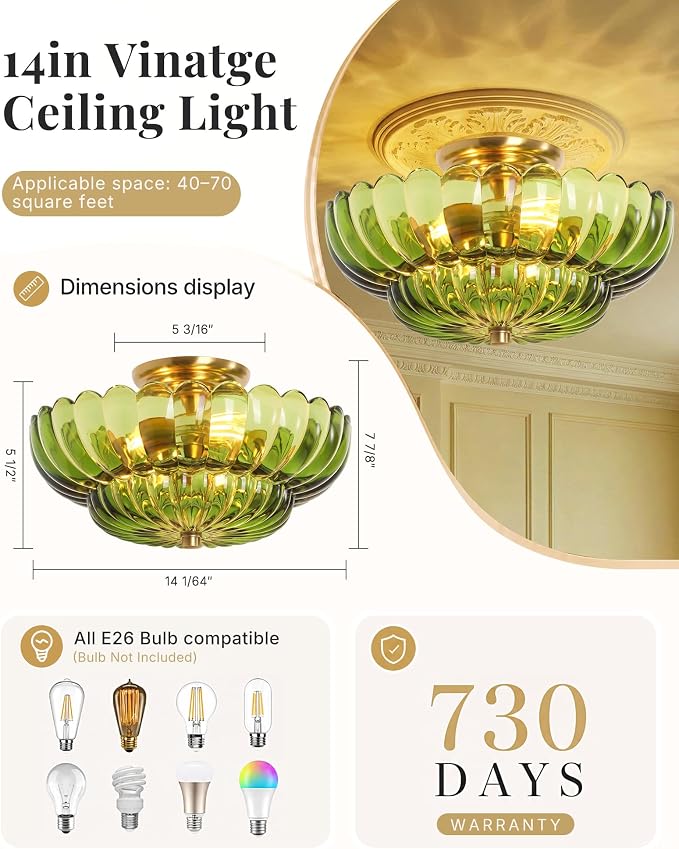 Semi Flush Mount Ceiling Light Fixture 14" Vinatge Gold Ceiling Lights Mid Century Modern Green Glass Close to Ceiling Lighting Fixtures for Bedroom Hallway Kitchen Laundry Room Bathroom