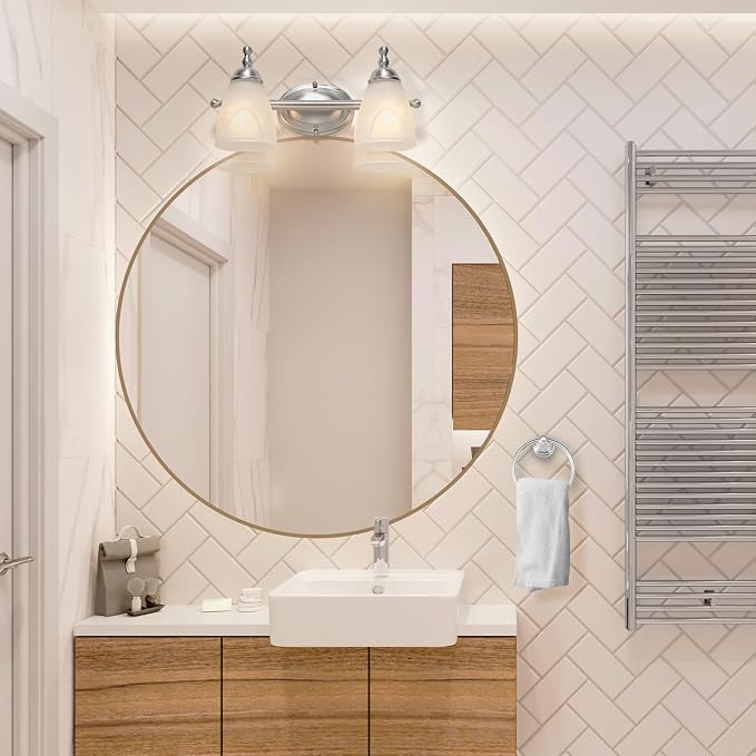 Globe Electric 63000104 3-Piece Bath Accessories, Satin Nickel Finish, 15" 2-Light Vanity Light, Alabaster Glass Shades, Toilet Paper Holder, Towel Ring, Bathroom Décor, Home Essentials