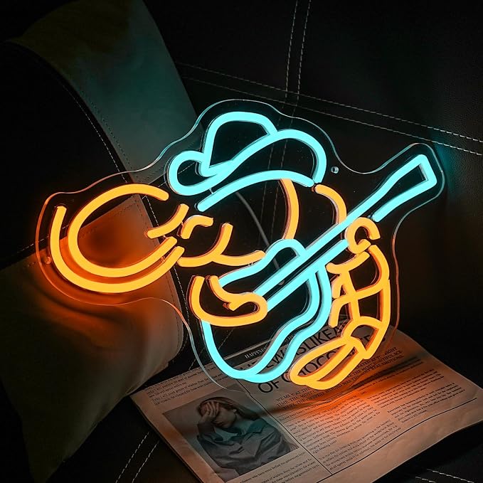 Cowboy Shrimp Neon Sign For Wall Decor Guitar Neon Light Music Led Sign Lobster Led Light Seafood Neon Light Sign for Restaurant Kitchen Music Bar Decor