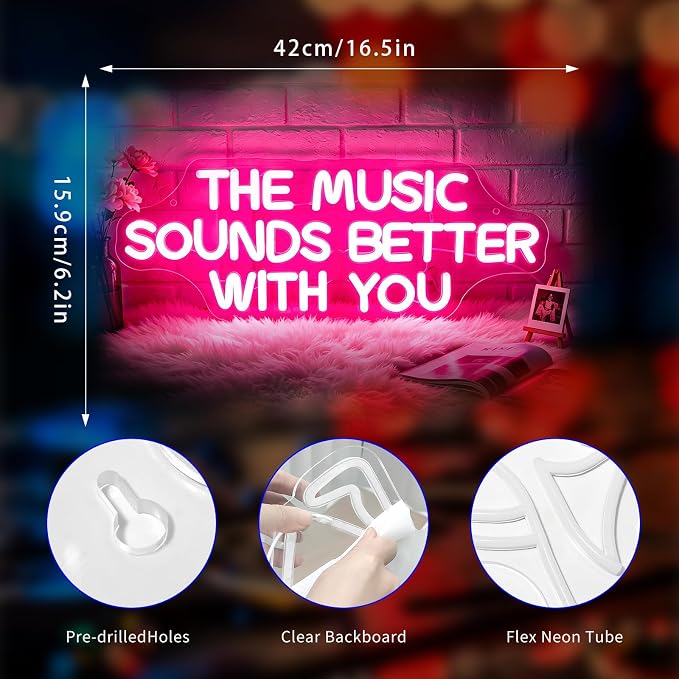Neon Sign, Music Neon Signs for Wall Decor LED Signs Neon Light | The Music Sounds Better with You Neon Sign for Music Studio, Classroom, Bedroom, Club, Party, Pink Decor, Gift, USB Powered