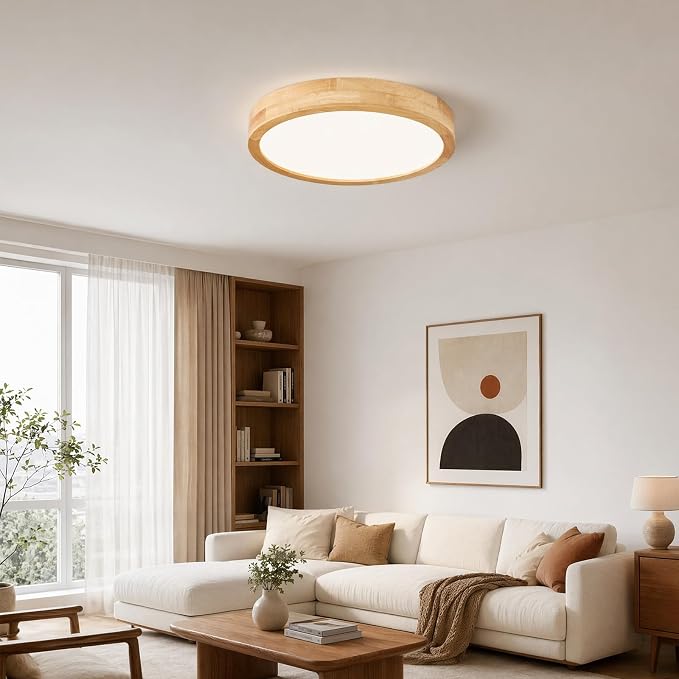 Pevfah Modern Dimmable 15.74 in Wood Flush Mount Ceiling Light, 5CCT LED Round Close to Ceiling Lighting Fixtures, Minimalist Ceiling Lamp for Bedroom, Kitchen, Hallway, Laundry Room