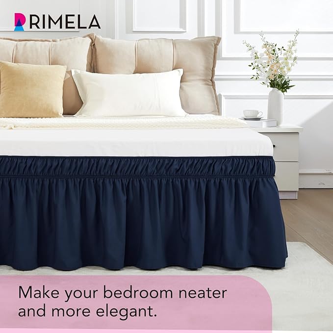 RIMELA Navy Blue Bed Skirt Queen Size 18 Inch Drop, Elastic Bed Skirting for Bed Base and Frame, Bedding Dust Ruffle Easy to Install, Lightweight Wrap Around Adjustable Bedskirt