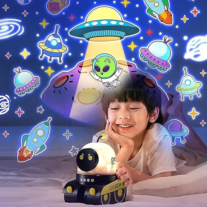 Kids Cartoon Projector Lamp, 21 Slides+360° Rotation Silent Kids Night Light, Rechargeable Robot Night Light with Music for Children Bedroom, Universe Starry Sky Rotate LED Room Decor (with Music)