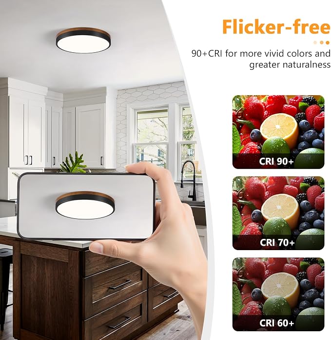 Modern Walnut Wood Black Flush Mount Ceiling Light 11.81 Inch | Round LED Low Profile Lighting Fixture For Kitchen Bedroom Bathroom Laundry Hallway Entryway Closet Living Room