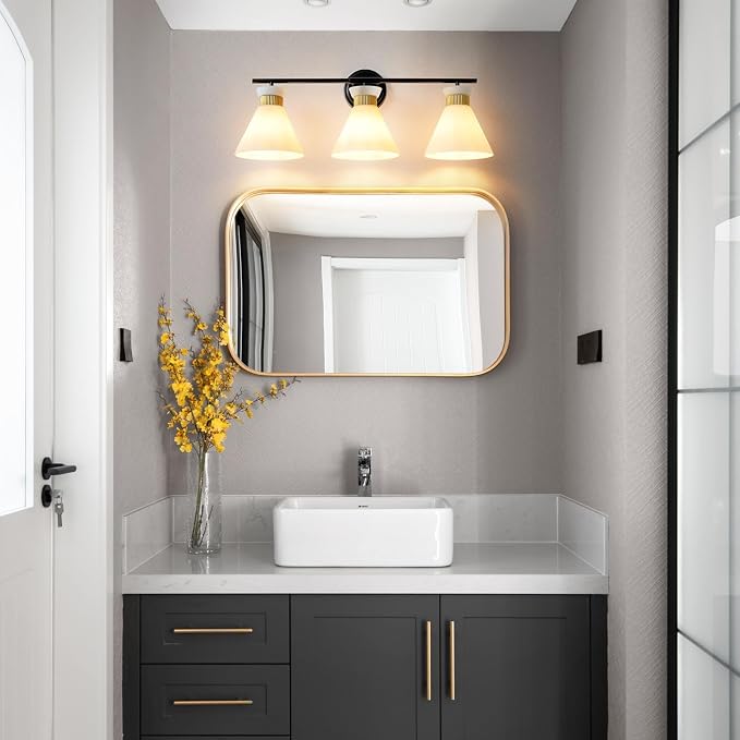 WOSHITU Bathroom Vanity Light Fixtures: 3 Lights Modern Bathroom Lighting Fixtures Over Mirror with Frosted Milky Glass Shade, Black and Gold Vanity Lighting Fixtures Wall Sconce for Bath Bedroom
