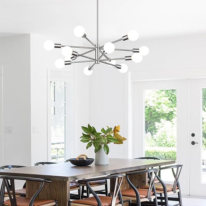 33" Modern Chandelier Ceiling Light Fixture, 12-Light Sputnik Chandeliers Chrome Mid Century Chandelier Over Table, Height Adjustable Chandeliers for Dining Room Living Room Kitchen