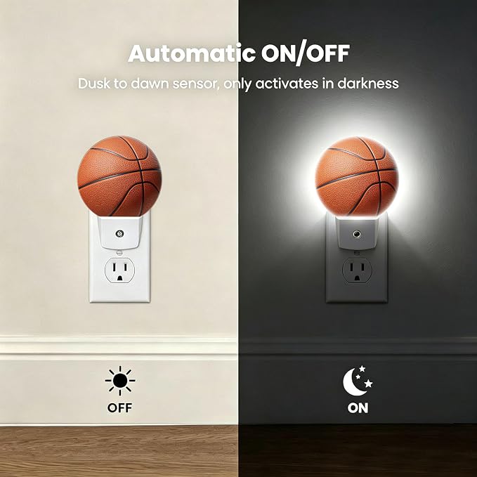 LED Night Light Basketball Night Lights Plug into Wall Auto on/Off | Field Sport Ball Plug-in Night Light with Dusk to Dawn Sensor, Energy Saving Nightlight for Hallway Kitchen Living Room
