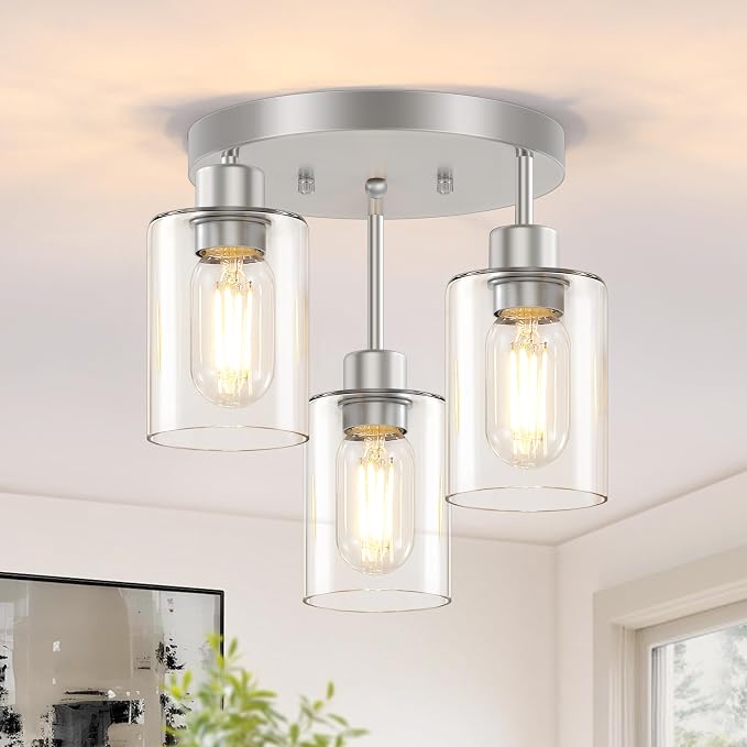 3-Light Brushed Nickel Flush Mount Ceiling Light, Hallway Light Fixtures Ceiling Mount with Clear Glass Shades, Modern Close to Ceiling Light Fixtures for Kitchen Foyer Entrayway