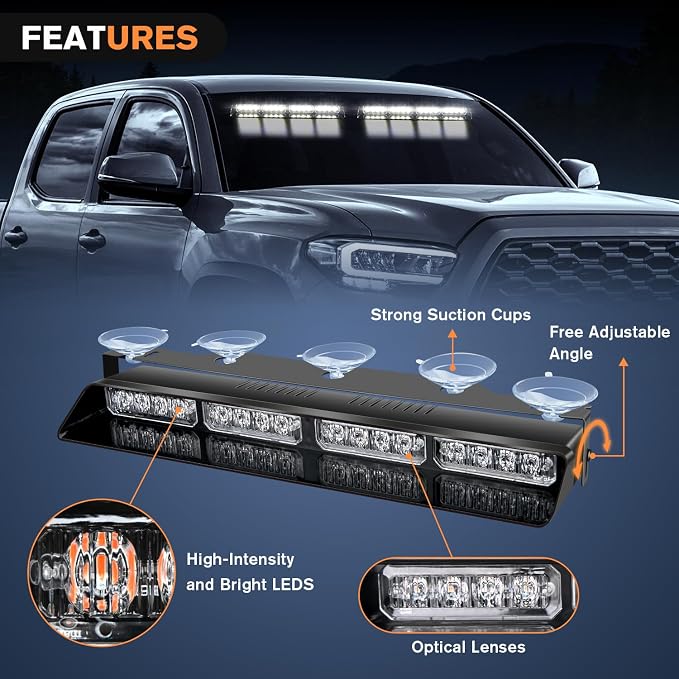 Nilight 32LED White Emergency Dash Strobe Lights w/Controller Suction Cups | Warning Hazard Interior Front/Rear Windshield Deck Split Light Bar for Trucks Construction Vehicles