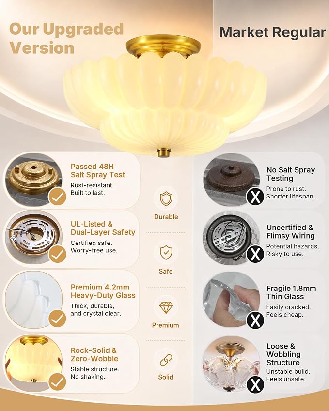 Semi Flush Mount Ceiling Light Fixture 14" Vinatge Gold Ceiling Lights Mid Century Modern Milk White Glass Close to Ceiling Lighting Fixtures for Bedroom Hallway Kitchen Laundry Room Bathroom