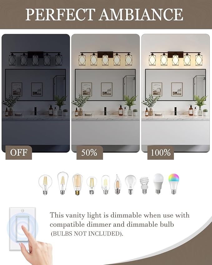 5-Light Oil Rubbed Bronze Bathroom Light Fixtures Over Mirror, 38" UL-Listed Modern Farmhouse Wall Sconce Lights with Milk White Frosted Glass and Metal Cage for Bath, E26, CH9176ORBW-5W