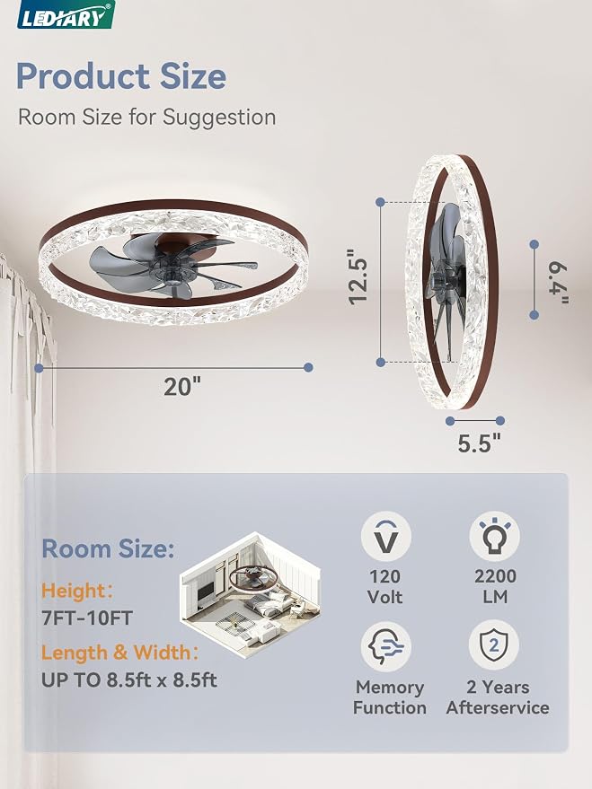 LEDIARY 20" Modern Ceiling Fans with Lights and Remote, Dimmable Low Profile Ceiling Fan, Flush Mount Ceiling Fan, Stepless Color Temperature Change and 6 Speeds - Brown | Fandelier, Dimmable Low Profile, Flush Mount, Stepless Color Temperature Change,...